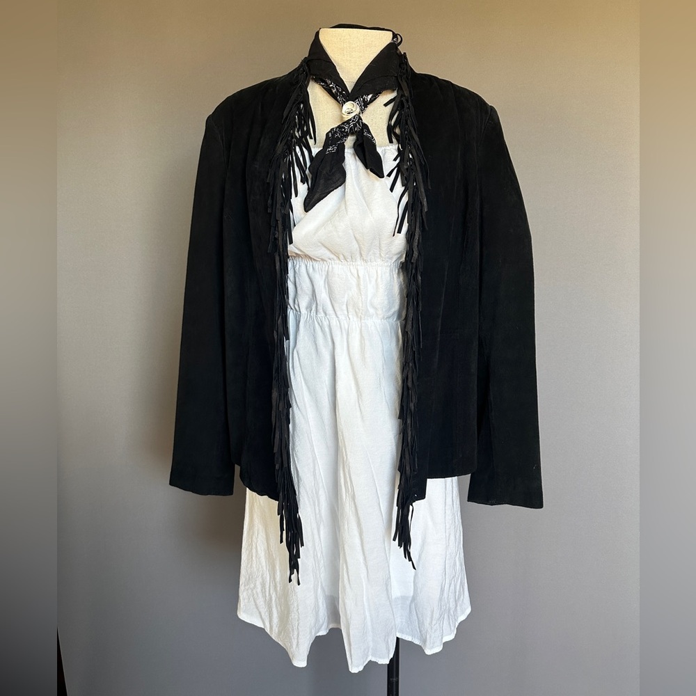 90s y2k Black suede leather fringe jacket with whipstitch